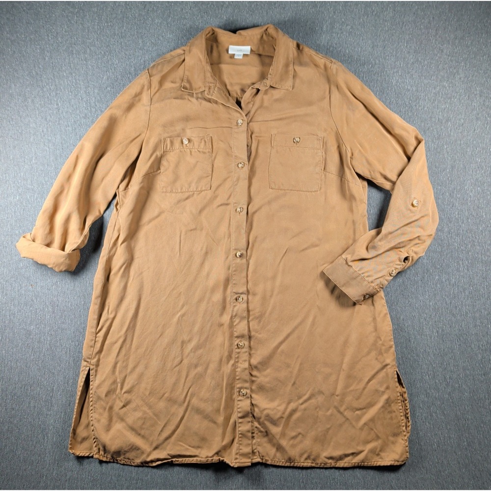 J Jill Khaki Tan Button Shirt Dress w/ Pockets Sz M LS Chore Boho Chic Tencel